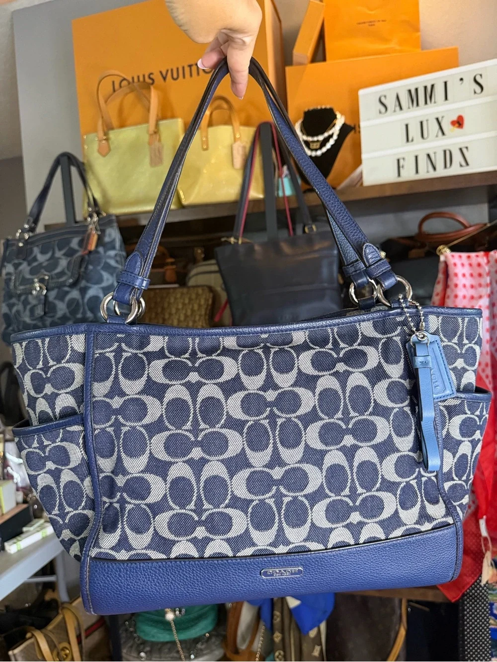 Coach Park Carrie Navy Denim Signature Canvas Tote with Blue Leather Trim